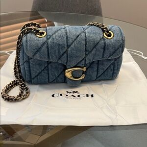 Coach Denim Tabby 20 Quilted Shoulder Bag with Gold Accents.